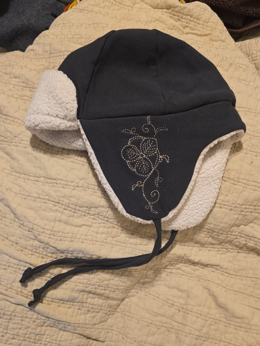 Eddie Bauer Grey Earflap Hat w/ Sherpa Trim and Floral Stitch Lands End